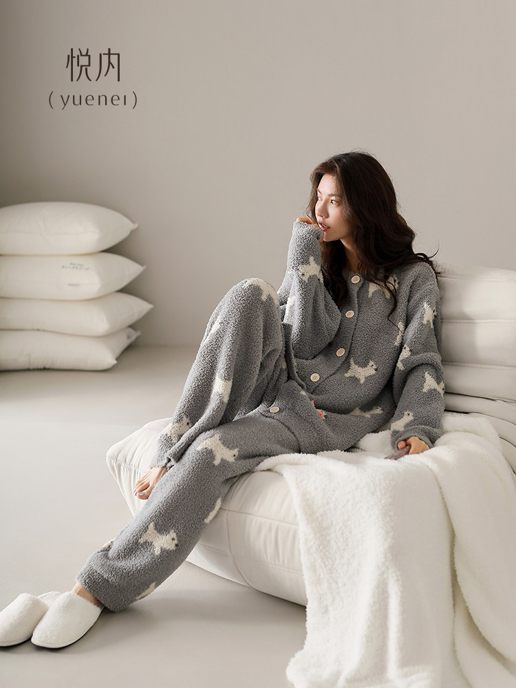 月内半丝绒睡衣秋冬女式珊瑚绒保暖加厚丝绒家居服圆领开衫