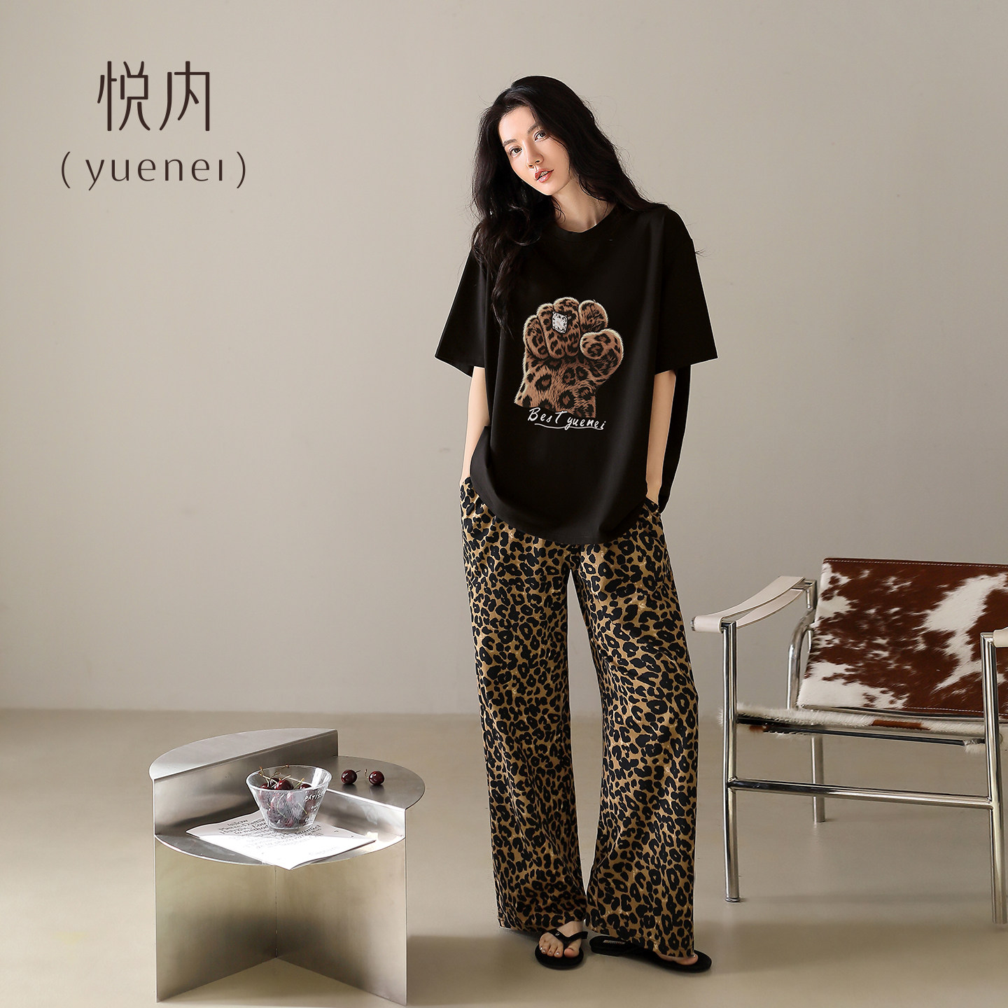悦内睡衣女夏季纯棉短袖长裤大码家居服夏天时尚休闲豹纹圆领套装