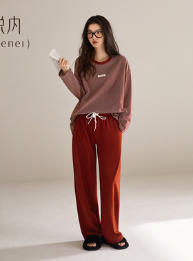 悦内带胸垫睡衣女款春秋季秋天纯棉长袖家居服休闲运动可外穿红色