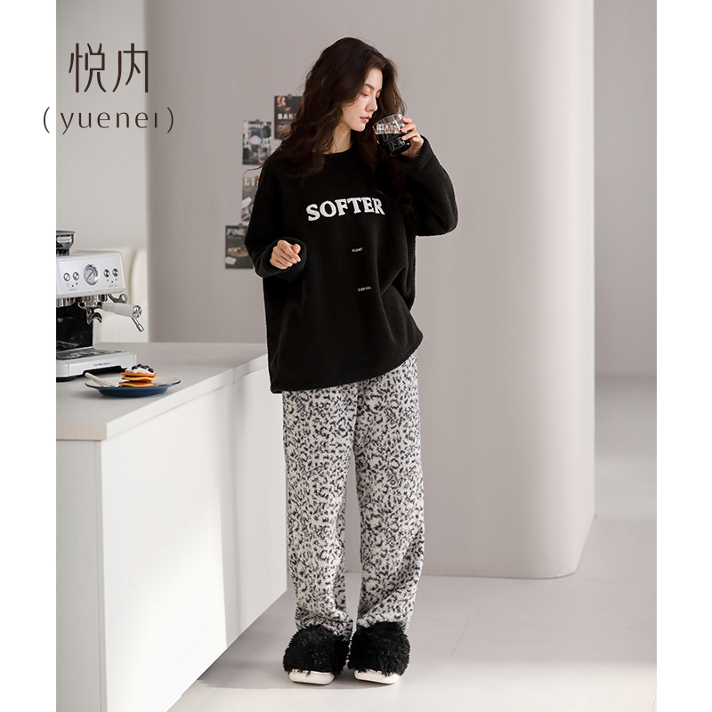 悦内睡衣女款秋冬款冬季珊瑚绒加绒加厚法兰绒保暖家居服圆领套头