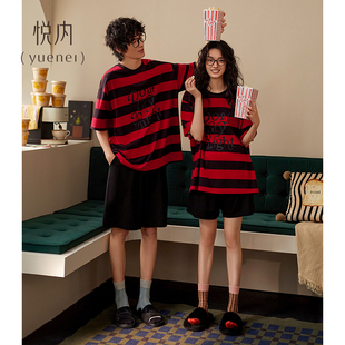 大码 悦内情侣睡衣女夏季 家居服男款 短裤 条纹可外穿春 夏天纯棉短袖