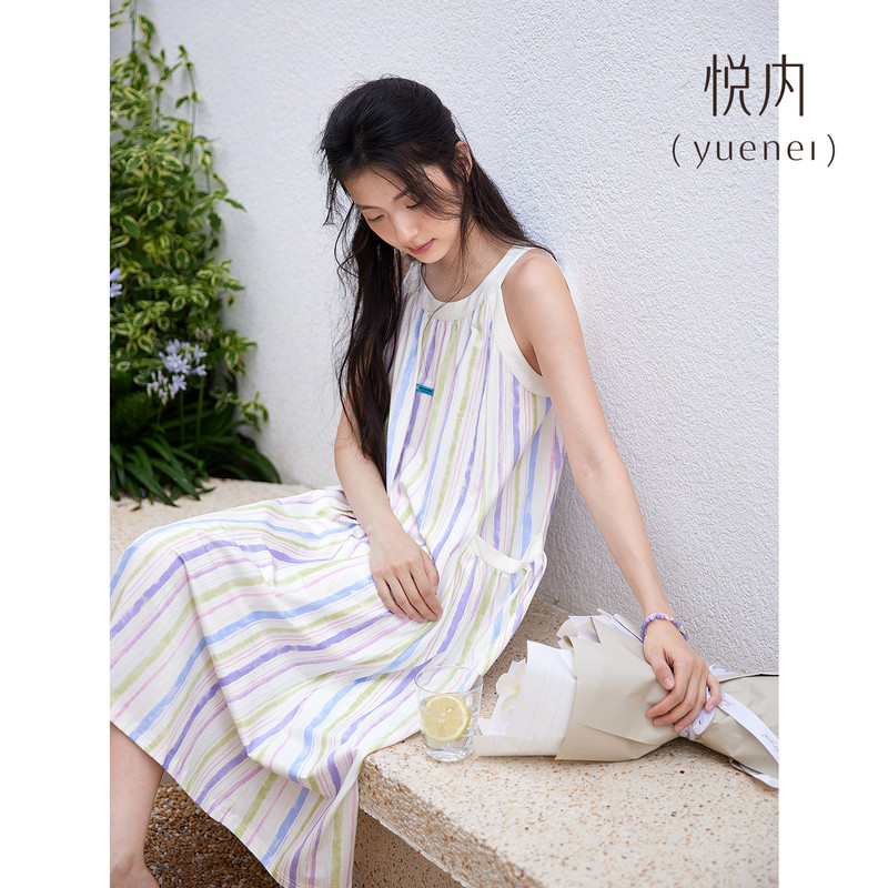 悦内带胸垫睡裙女款夏季纯棉无袖吊带背心中长款时尚彩色条纹睡衣