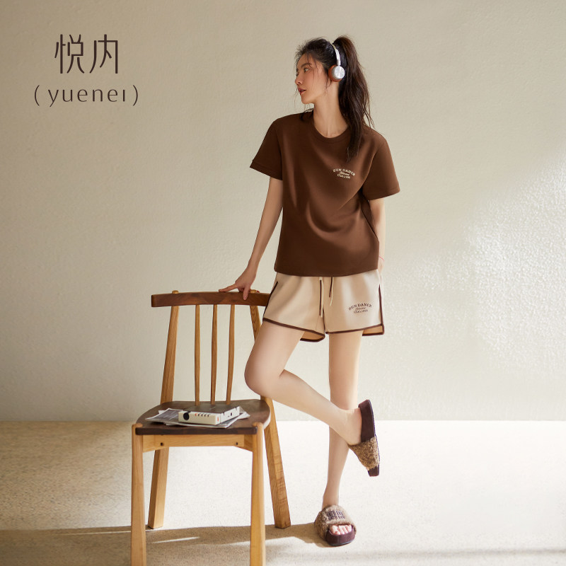 悦内带胸垫睡衣女款夏季夏天纯棉短袖短裤家居服圆领时尚宽松运动