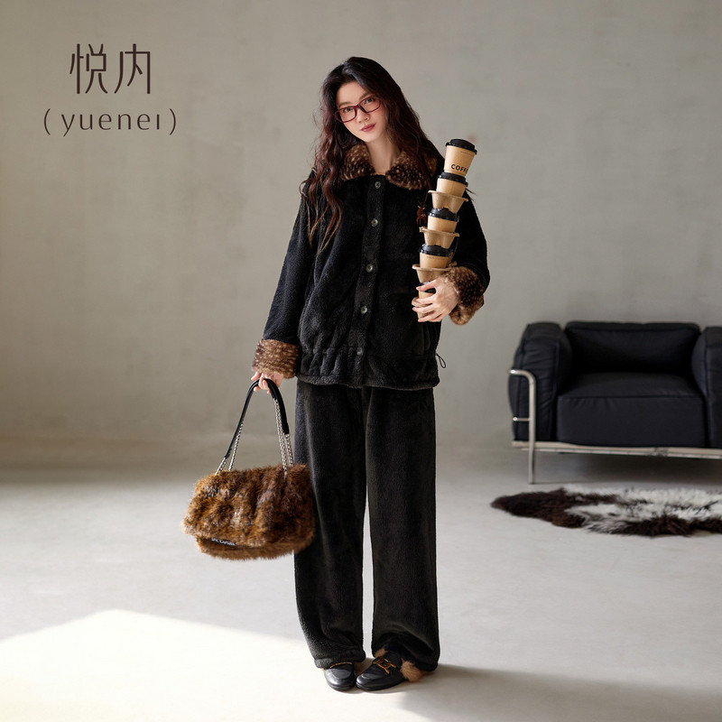 悦内睡衣女士冬季冬天法兰绒加厚保暖珊瑚绒家居服毛绒可外穿套装