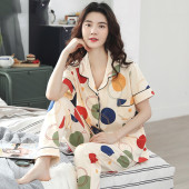 两件套装 100%纯棉睡衣女夏季 长裤 短袖 春秋天家居服可外穿 薄款