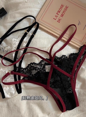 外贸欧美时尚蕾丝性感新款双细带丁字裤女镂空低腰无痕轻薄大码t