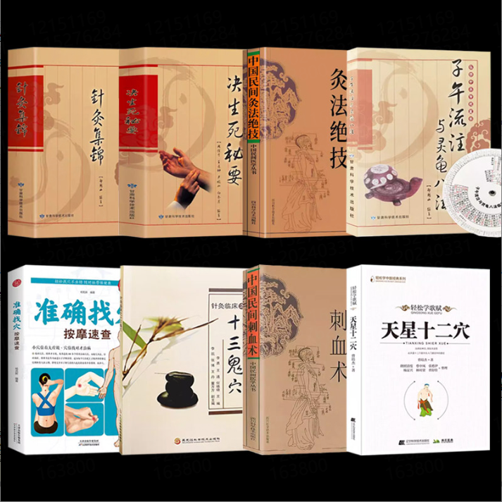 共8本 天星十二穴+准确找穴+十三鬼穴+子午流注与灵龟八法(附赠罗盘)+针灸集锦+决生死秘要+中国民间灸法绝技+中国民间刺血术
