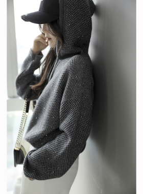 Sorrytin 很推荐给你们 减龄休闲亮片点缀镂空羊绒羊毛连帽针织衫