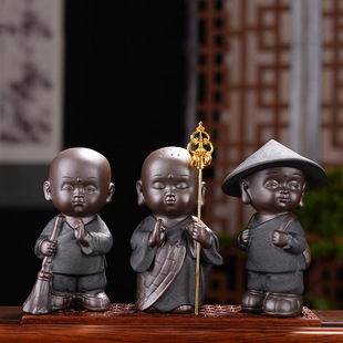 趣味可爱茶道茶玩茶具盘 陶瓷小和尚茶宠摆件精品紫砂可养个性