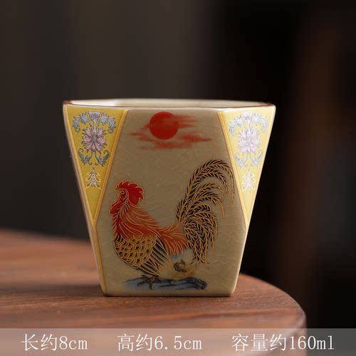 金丝汝窑开片大公鸡八方杯陶瓷主人杯仿古多角茶盏单杯高颜值新款