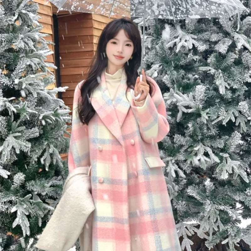 微醺甜茶高级感粉色格子毛呢外套女2023冬季中长款呢子千金风大衣
