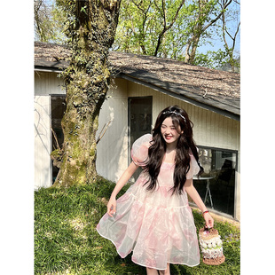 迪士尼穿搭度假风蓬蓬裙 夏季 甜美公主晕染粉色连衣裙2024新款 法式