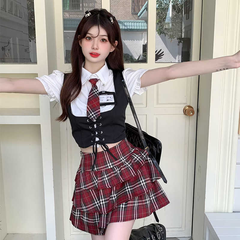学院风jk制服套装衬衣+绑带背心+格子半身裙夏日多巴胺穿搭一整套_虎窝淘
