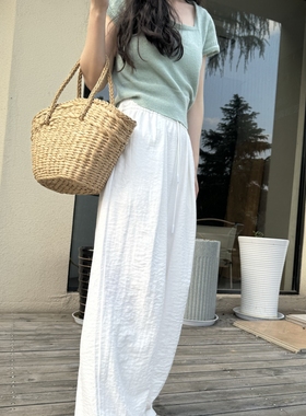 白色肌理感纸片裤显瘦宽松高个奶芙裤直筒女休闲裤加长宽松阔腿裤