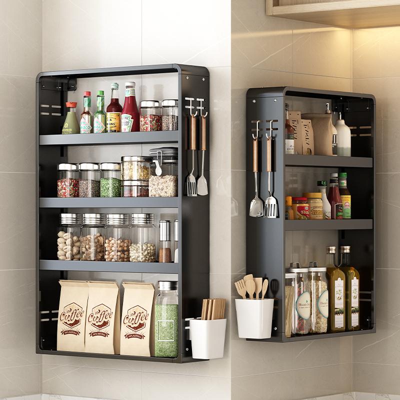 厨房多功能置物架调料架壁挂式可调节免打孔墙上调味料品罐收纳架