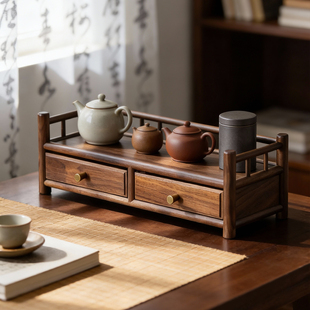黑胡桃木茶杯架子茶具收纳架实木桌面茶叶收纳柜带抽屉小型置物架