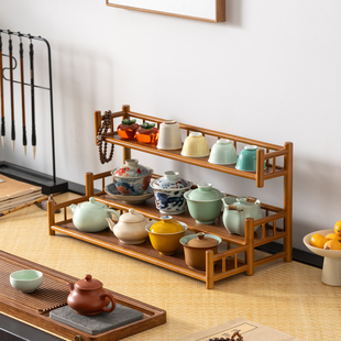茶杯茶壶架楠竹桌面小型博古架双层收纳架功夫茶道文玩雅件摆放架