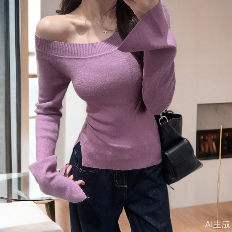 高级感一字肩斜肩针织打底衫毛衣女春秋冬新款收腰长袖露肩小上衣