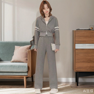 小个子休闲运动套装女春秋冬新款时尚显瘦加绒卫衣阔腿裤两件套潮