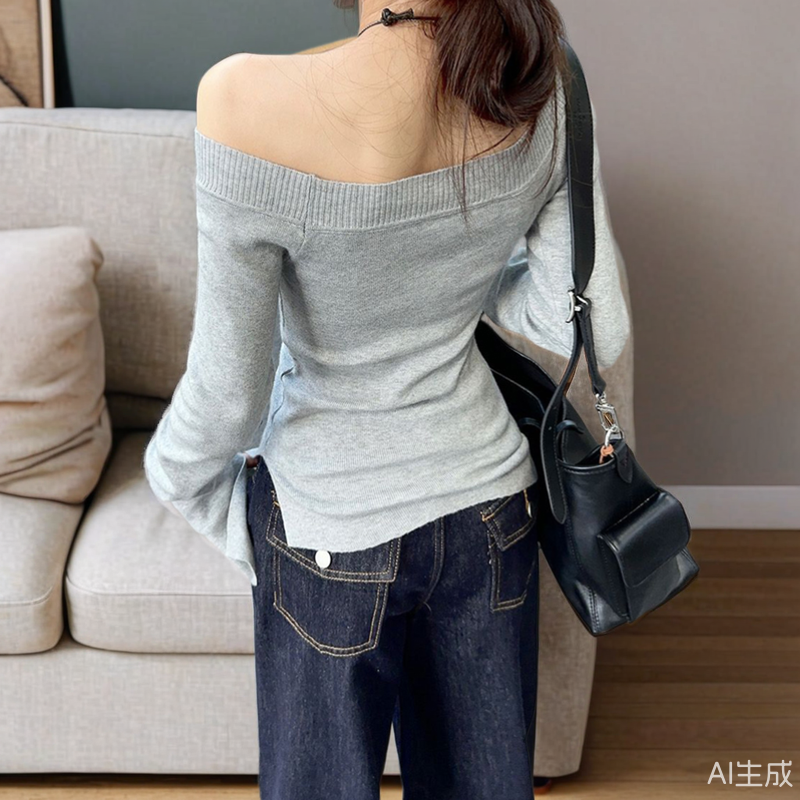 斜领露肩长袖针织衫女春秋冬季新款韩系修身显瘦小众内搭打底上衣