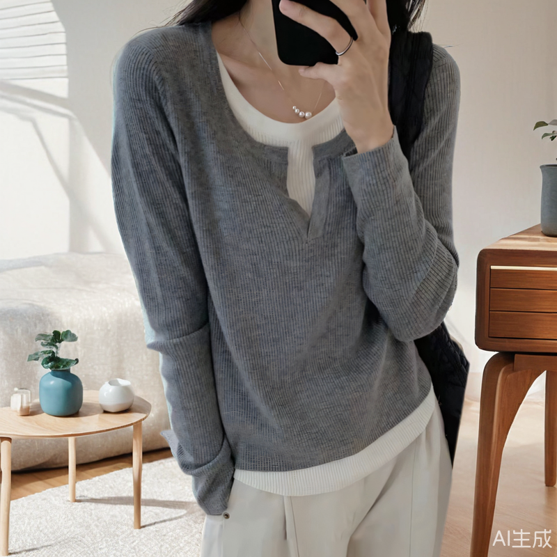 假两件v领内搭打底衫女春秋冬大码胖mm修身短款毛衣长袖针织衫