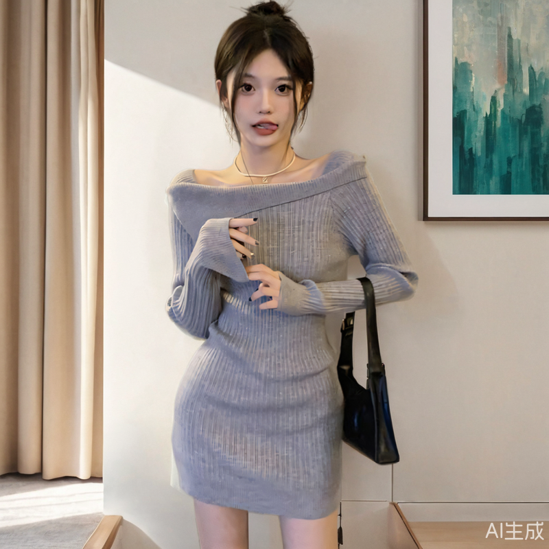 纯欲辣妹包臀裙春秋冬修身收腰短款内搭斜肩针织毛衣长袖连衣裙女
