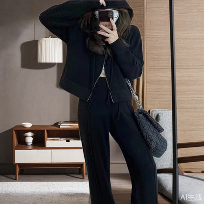 一整套入冬穿搭春秋慵懒风连帽针织毛衣休闲裤两件套网红爆款套装