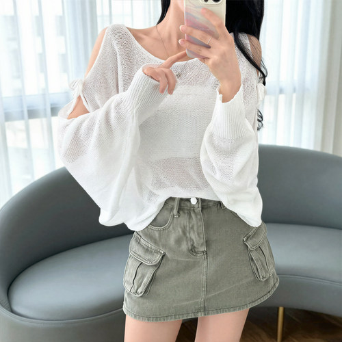 韩国chic夏季系带镂空露肩宽松透视薄款防晒针织衫套头罩衫上衣女
