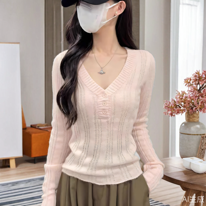 春秋冬季短款镂空V领毛针织衫