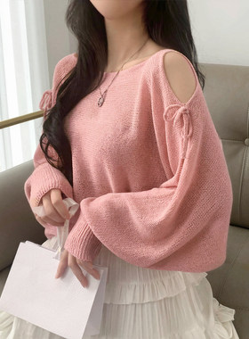韩版设计感镂空V领长袖针织衫女春夏季小心机露肩宽松减龄T恤上衣