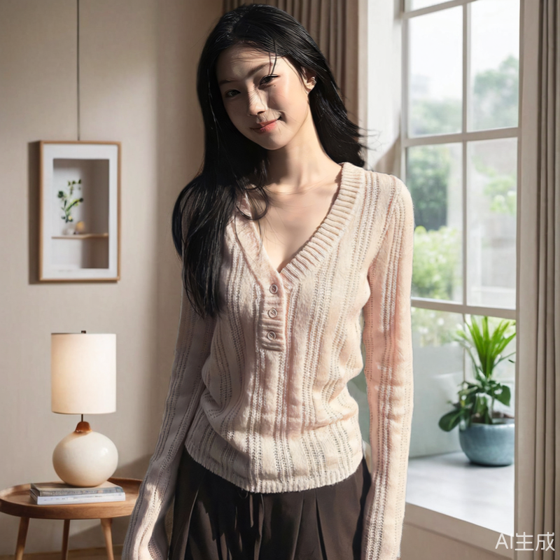 藕粉色V领针针织衫上衣女春秋冬季设计感竖坑条螺纹镂空长袖毛衣