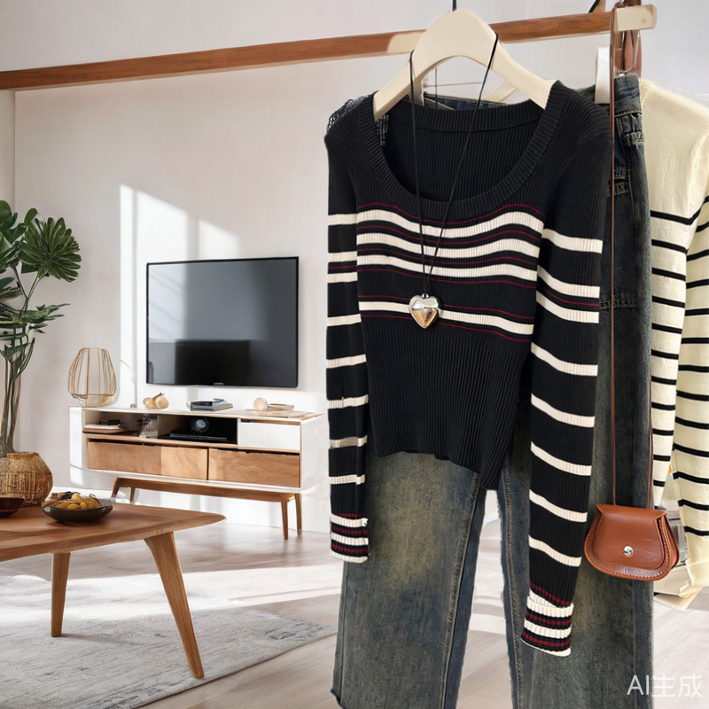 撞色条纹针织衫女春秋冬季新款爆款高级感修身长袖内搭打底衫上衣