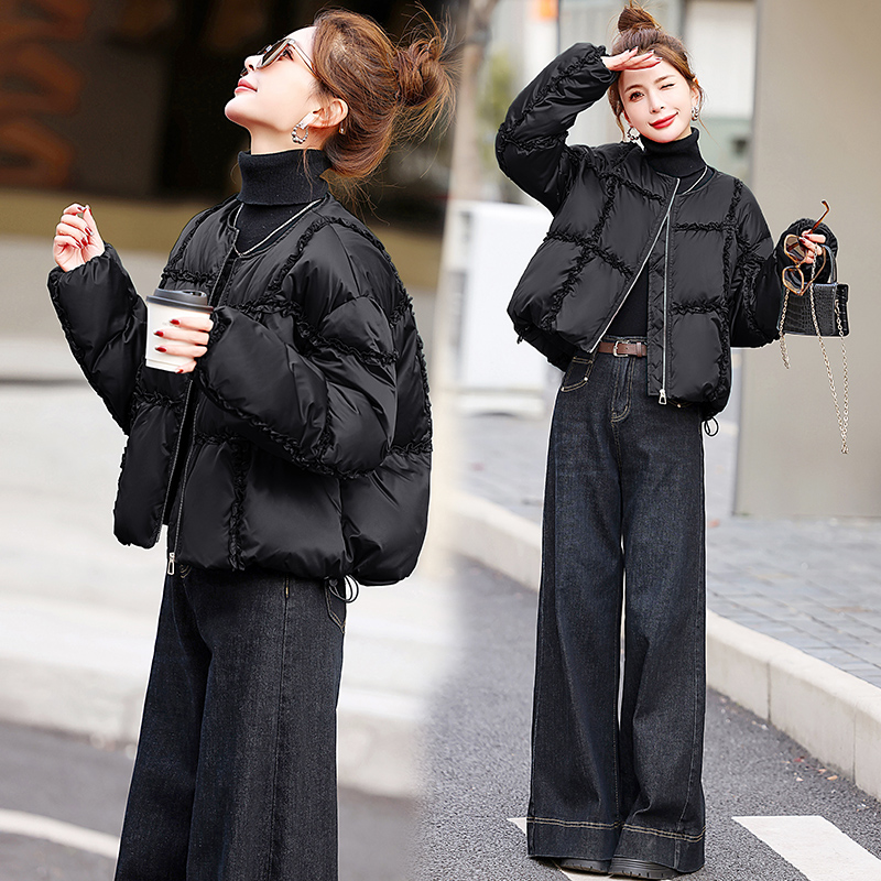 超好看圆领木耳花边短款羽绒服女2025冬季小个子白鸭绒面包服外套