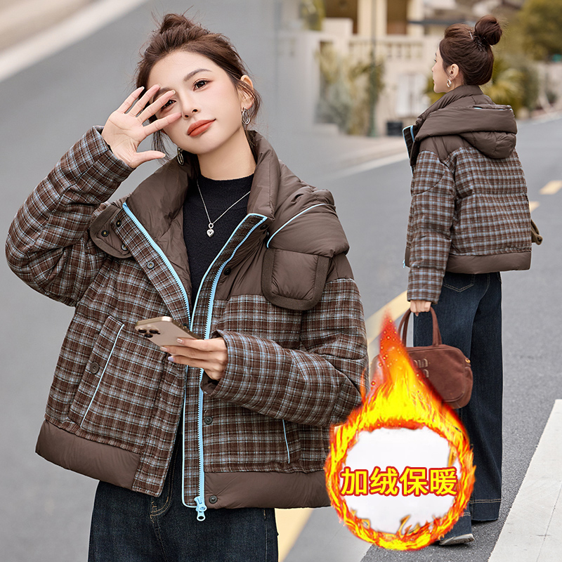 格子连帽羽绒服女小个子冬装2025新款高端时尚百搭保暖白鸭绒外套