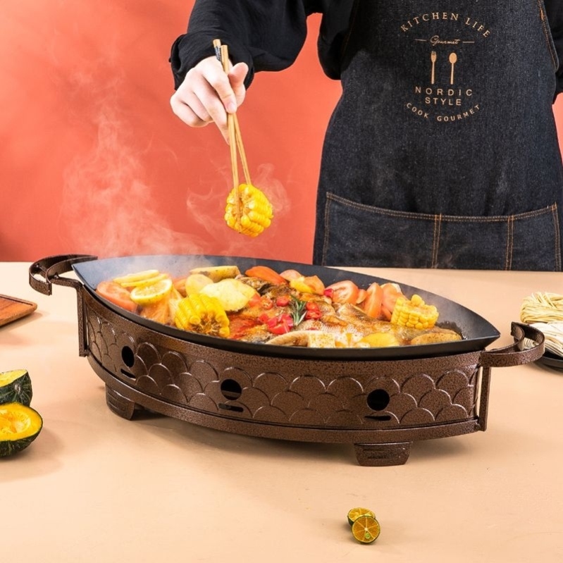 烤鱼盘烤鱼炉商用纸包鱼专用锅海鲜大咖盘铸铁炭炉新型长方形家用