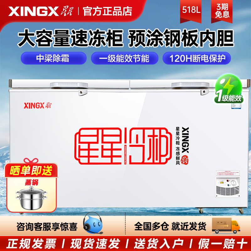XINGX/星星 BD/BC-518G家用商用冷藏冷冻双门大容量卧式冷柜