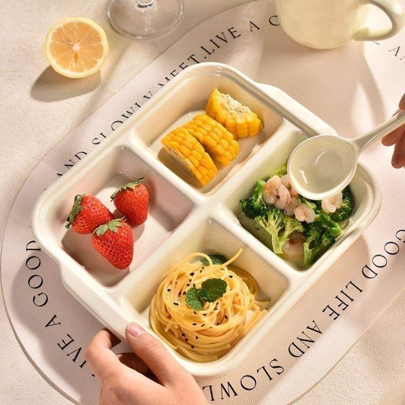 陶瓷四格饭盒分格盘分餐盘家用釉下彩月子餐盘大人专用儿童早餐盘