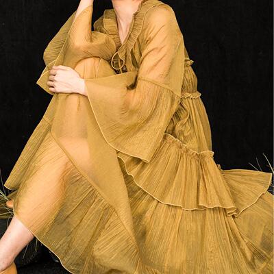 无线WUXIAN女装法式独家风黄色雪纺大裙摆蛋糕连衣裙