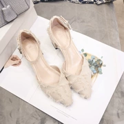 Một từ khóa sandal mũi nhọn nữ mùa hè dày với tua rua cao gót gợi cảm hoang dã với một chiếc túi cổ tích baotou với - Sandal