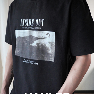 VANLEE 25ss复古相片印花vintage重磅黑色短袖t恤男宽松半袖