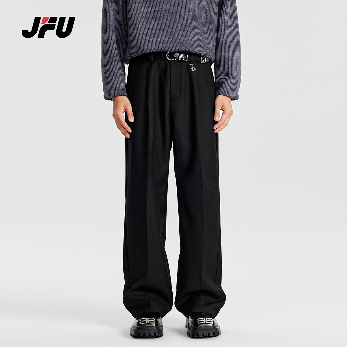 JFU美式垂感阔腿休闲长裤男秋季黑色cleanfit宽松直筒百搭西装裤