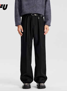 JFU美式垂感阔腿休闲长裤男秋季黑色cleanfit宽松直筒百搭西装裤