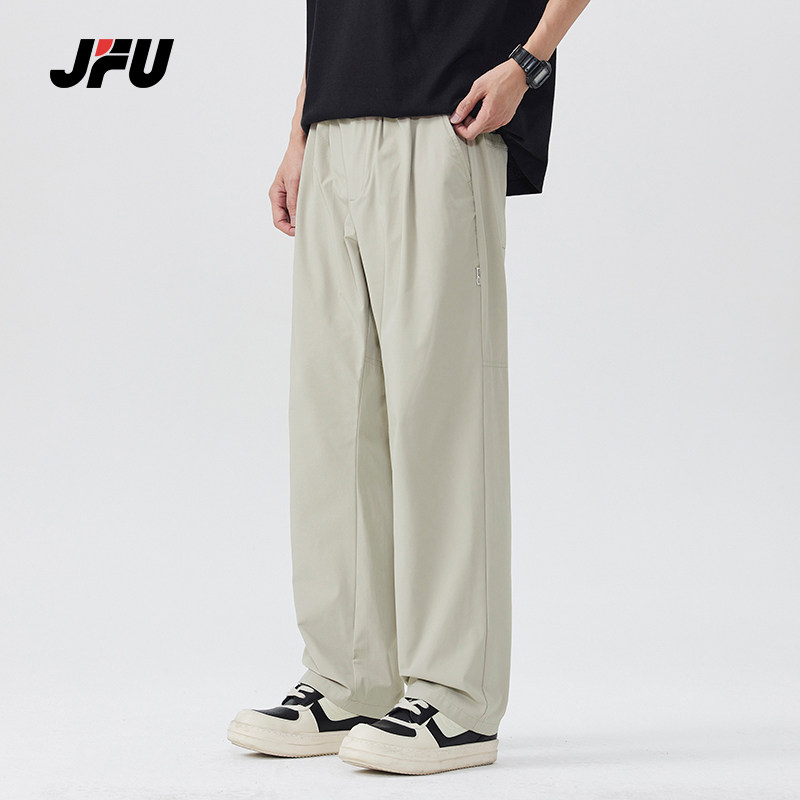 JFU春季新款美式复古直筒休闲裤男款宽松大码松紧腰黑色长裤子