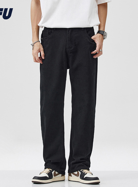 JFU黑色牛仔裤男2024款秋冬款vibe宽松美式高街长裤子男直筒裤