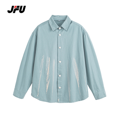 JFU美式复古纯棉泼染休闲衬衫男