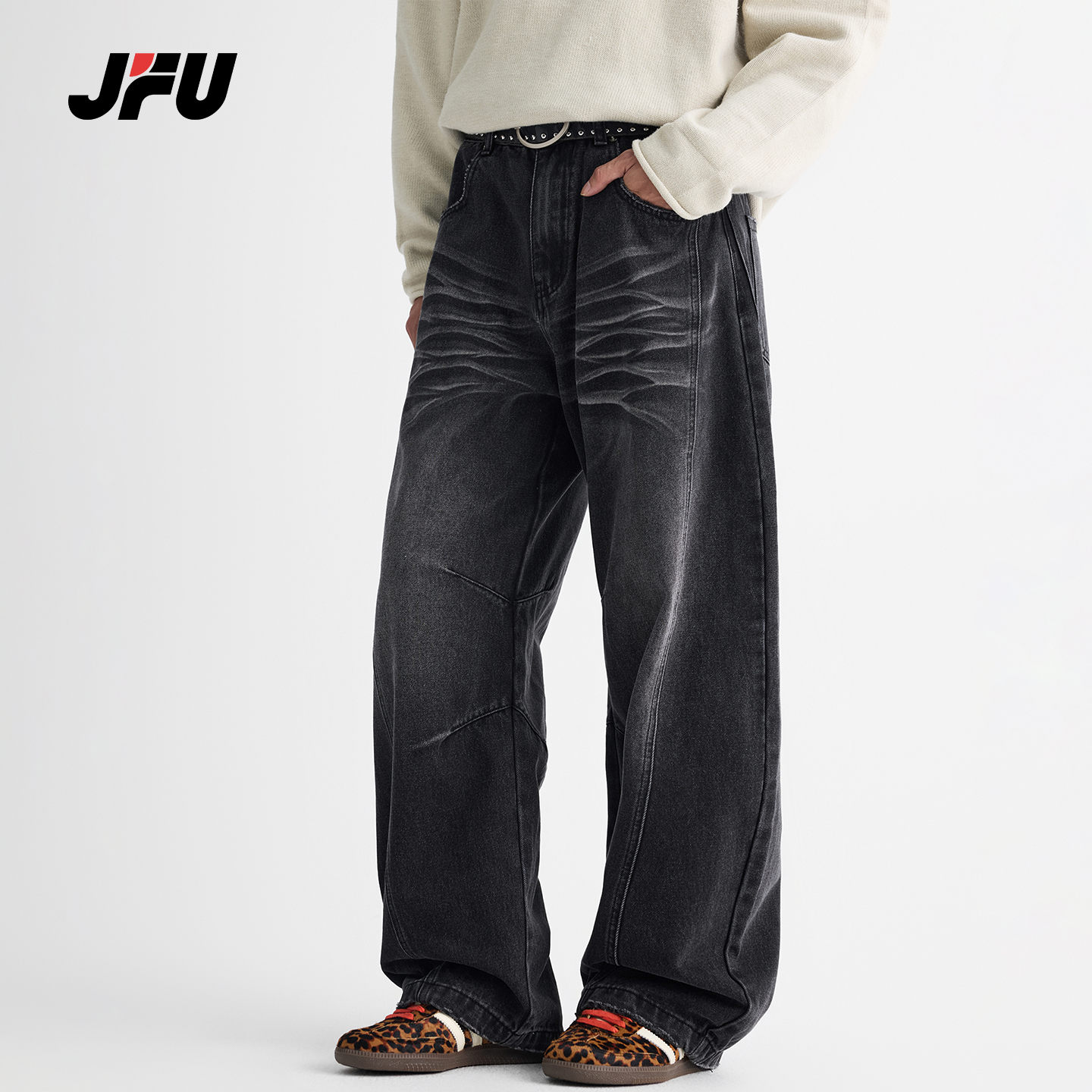 JFU潮牌美式复古宽松弯刀牛仔裤