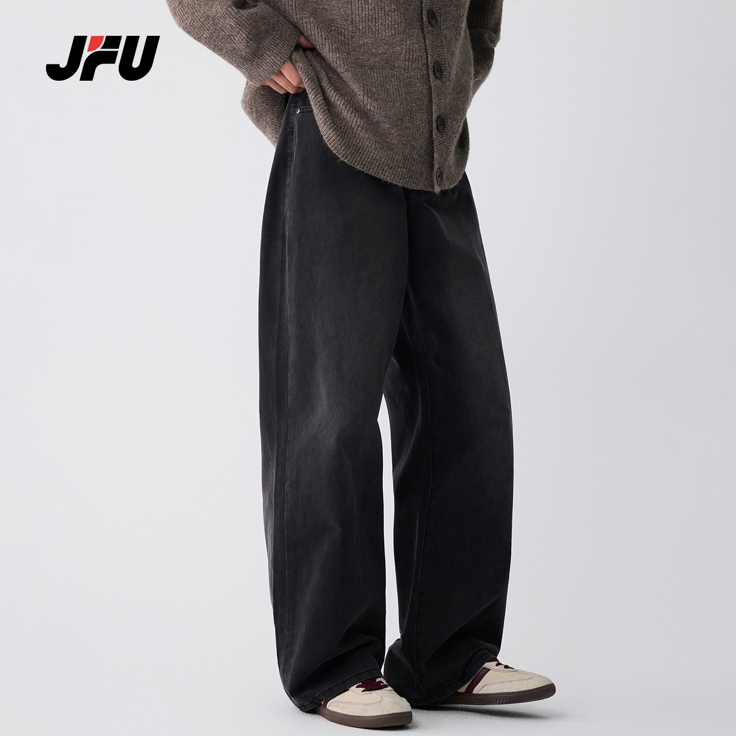 JFU潮牌复古做旧阔腿牛仔裤男