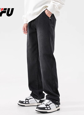 JFU 复古黑色牛仔裤阔腿裤男春秋季宽松直筒裤2024新款长裤子男