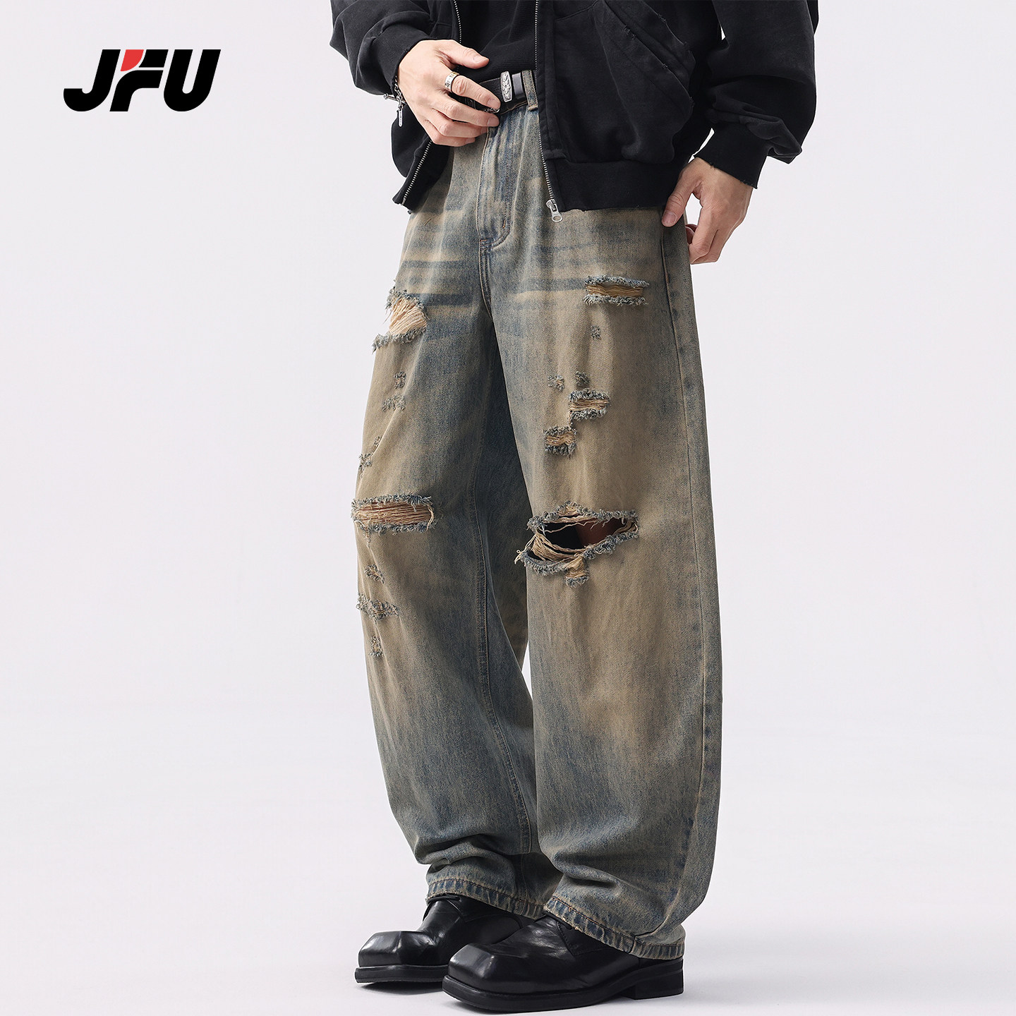 JFU潮牌美式复古破洞宽松牛仔裤