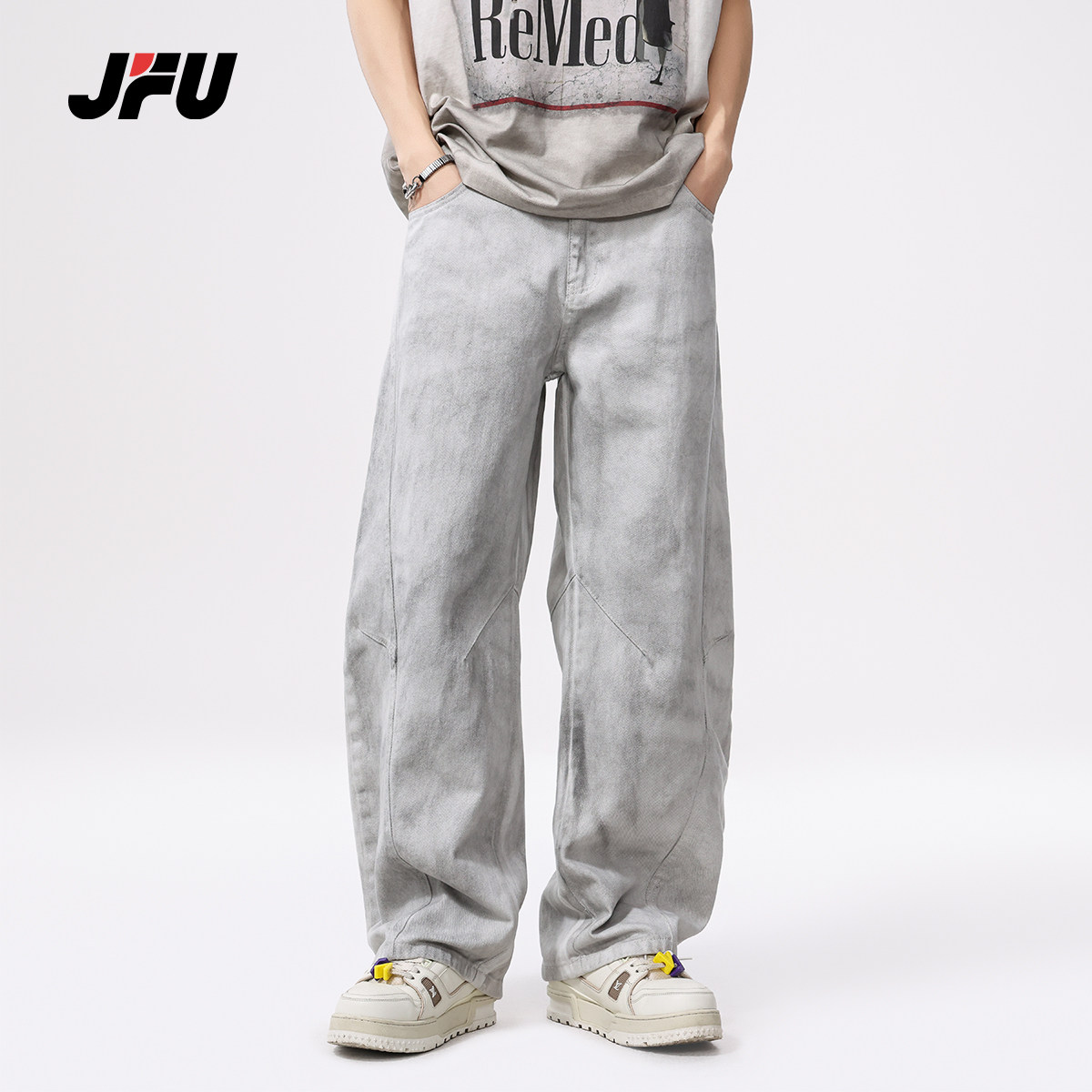 JFU2025秋冬款扎染水洗做旧直筒牛仔裤男潮牌休闲阔腿宽松长裤